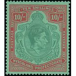 Nyasaland 1942 10/- bluish green and brown-red on pale green ordinary paper,