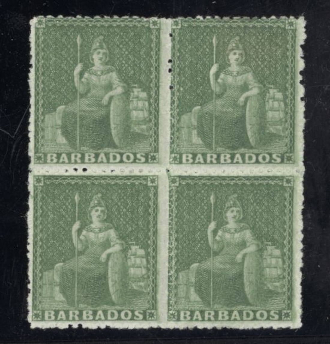 Barbados 1861-70 Rough Perf. 14 to 16 Issue (½d.) yellow-green block of four,