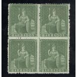 Barbados 1861-70 Rough Perf. 14 to 16 Issue (½d.) yellow-green block of four,