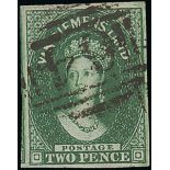 Tasmania 1855 Printed in London 2d. green with large margins all round and showing portion of a...