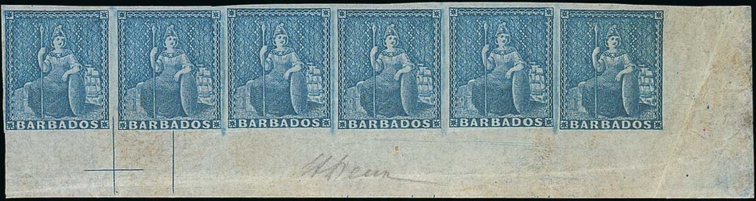 Barbados 1861-70 Rough Perf. 14 to 16 Issue (1d.) pale blue (worn plate) lower right corner str...