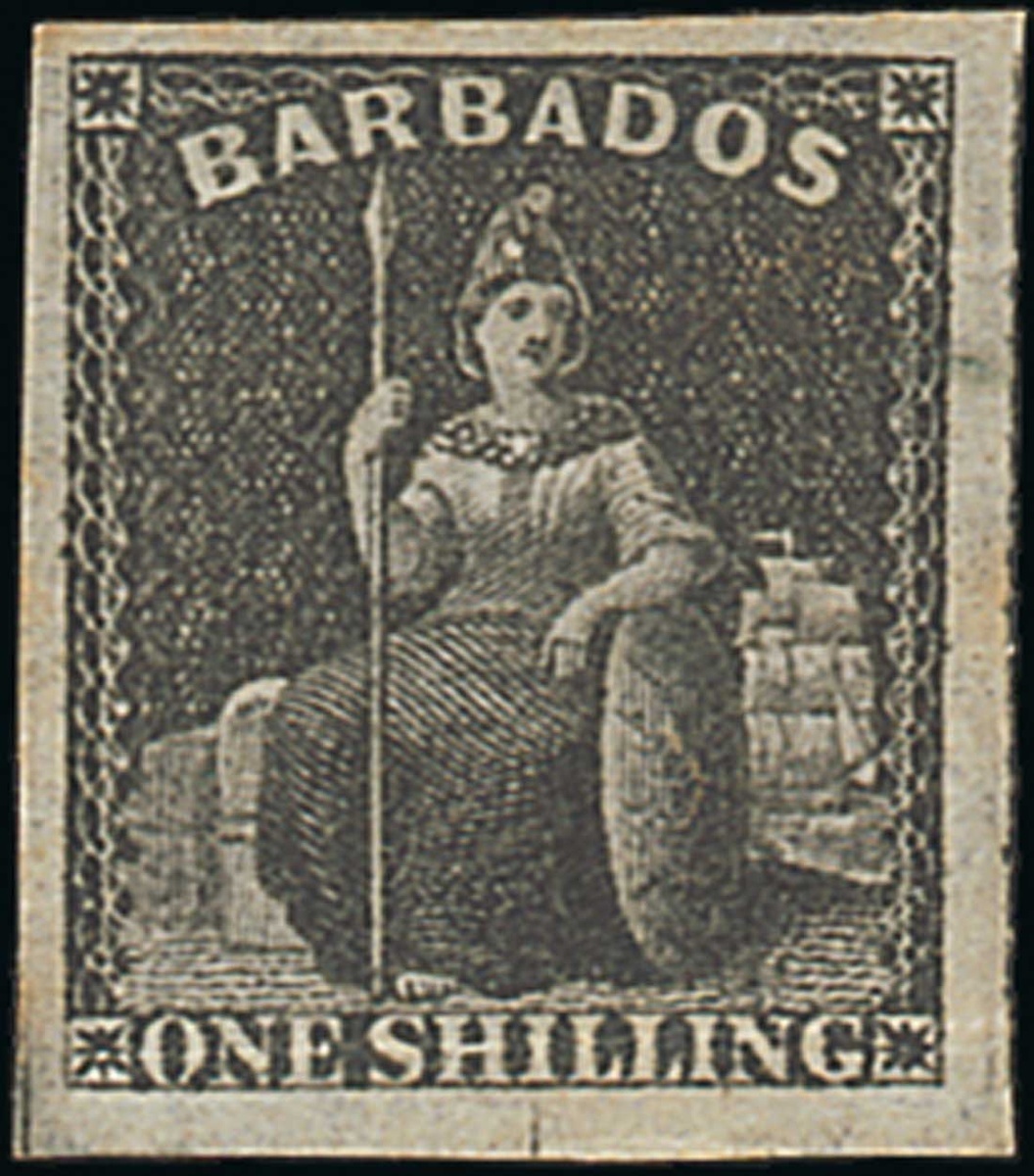 Barbados 1861-70 Rough Perf. 14 to 16 Issue 1/- black single showing perforation guide marks at...