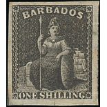 Barbados 1861-70 Rough Perf. 14 to 16 Issue 1/- black single showing perforation guide marks at...