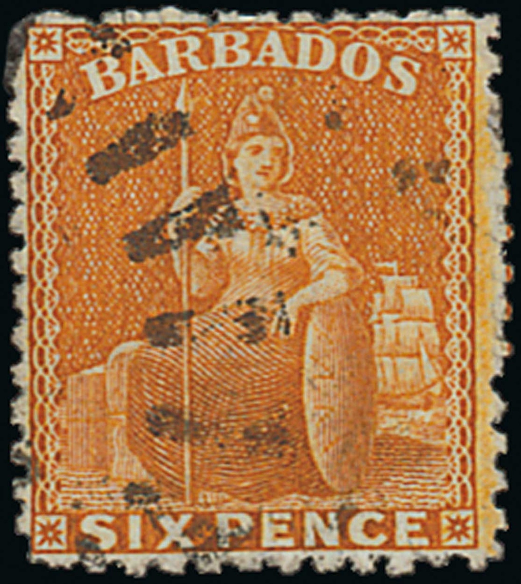 Barbados 1875 Watermark Crown CC, Perf. 12½ Issue 6d. chrome yellow with watermark upright,