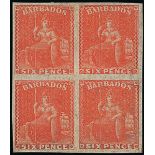 Barbados 1861-70 Rough Perf. 14 to 16 Issue 6d. dull orange-vermilion block of four, variety im...