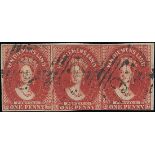 Tasmania 1855 Printed in London 1d. carmine horizontal strip of three with mainly good to large...