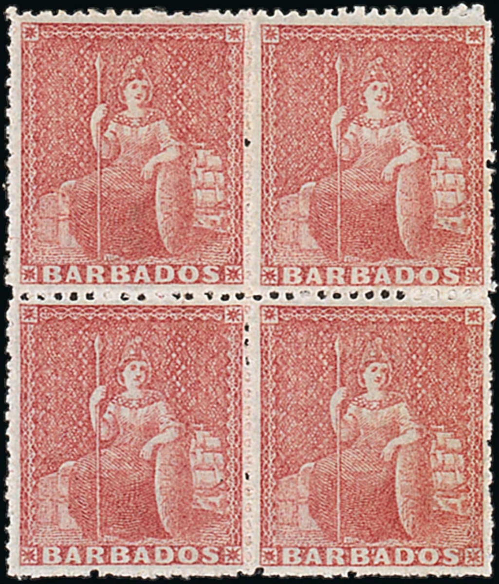 Barbados 1861-70 Rough Perf. 14 to 16 Issue (4d.) lake-rose block of four,