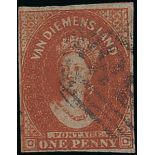 Tasmania 1856 (Nov.) pelure paper, 1d. deep red-brown, clear to large margins and showing trac...