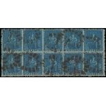 Barbados 1861-70 Rough Perf. 14 to 16 Issue (1d.) deep blue block of ten cancelled with several...