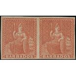 Barbados 1861-70 Rough Perf. 14 to 16 Issue (4d.) dull brown-red horizontal pair, variety imper...