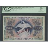 Caisse Centrale de la France D'Outre-Mer, Guyane, specimen 1000 francs, ND (law of 1941), seria...