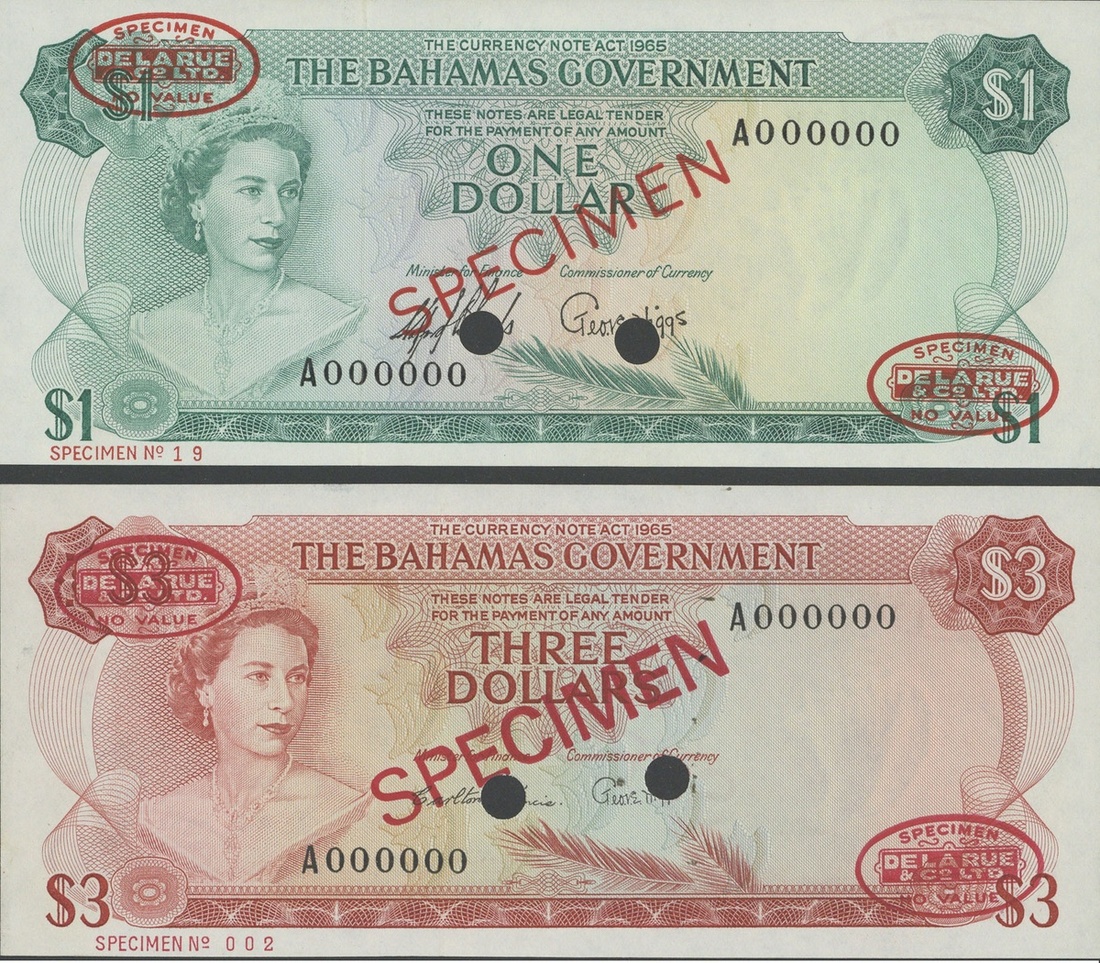 Bahamas Government issue, specimen $1, $3, 1965, serial number A000000, specimen no. 19, 002, (...