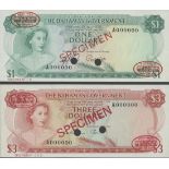Bahamas Government issue, specimen $1, $3, 1965, serial number A000000, specimen no. 19, 002, (...