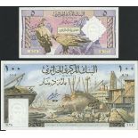 Banque Centrale d'Algerie 5 dinars, 100 dinars, 1964 (2), serial numbers 014356634, 01826563, (...