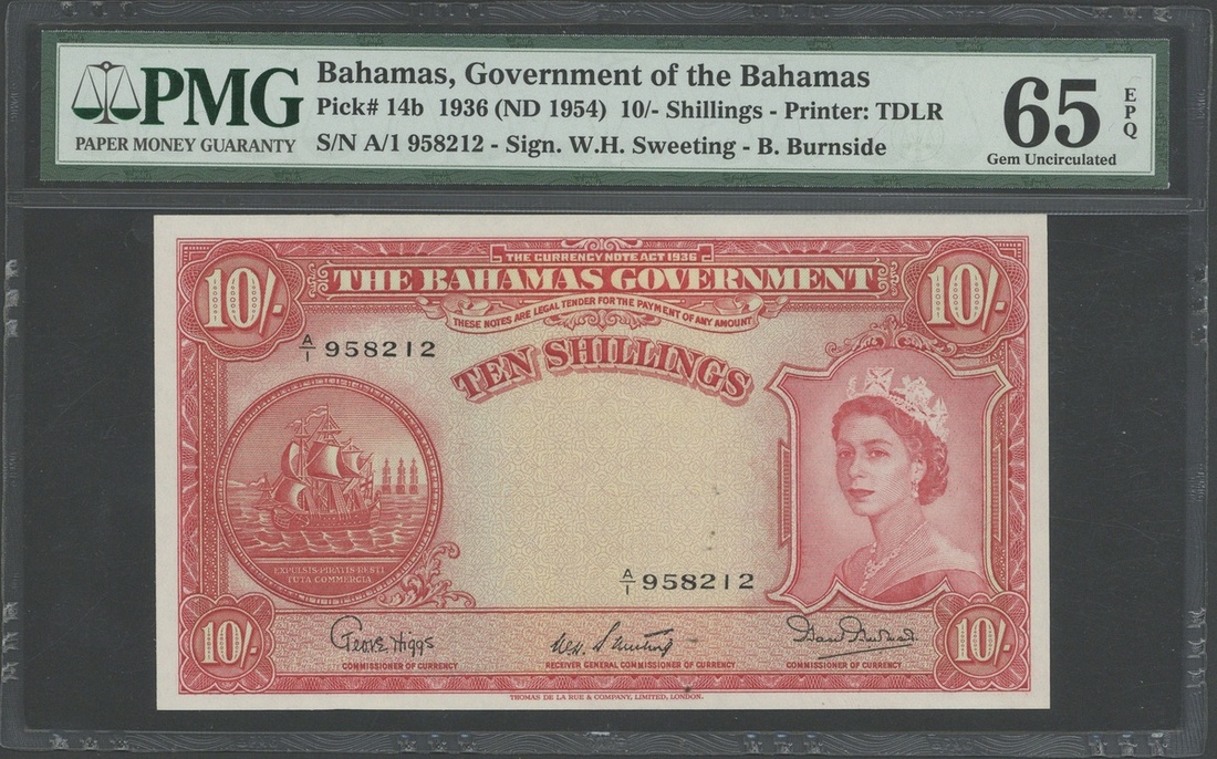 Bahamas Government issue, 10/-, ND (1954), A/1 958212 (Pick 14b, TBB B113b),