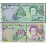 Cayman Islands Monetary Authority, $50 (2), 2001, 2003, serial number C/1 500884, C/1 000615, (...