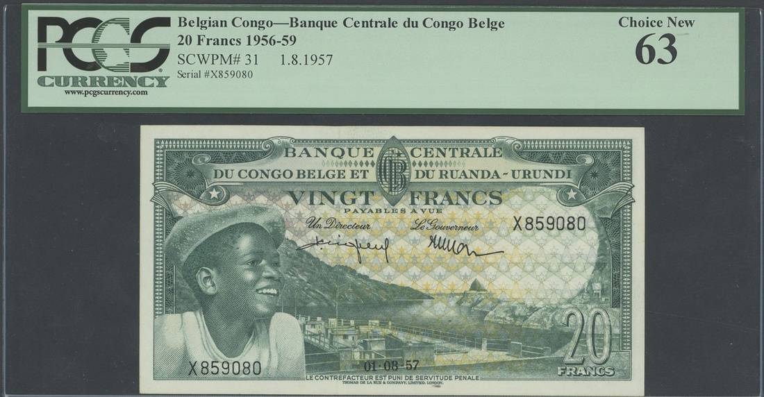 Banque Centrale de Congo-Belge et du Ruanda-Urundi, 20 francs, 1st August 1957, serial number X...