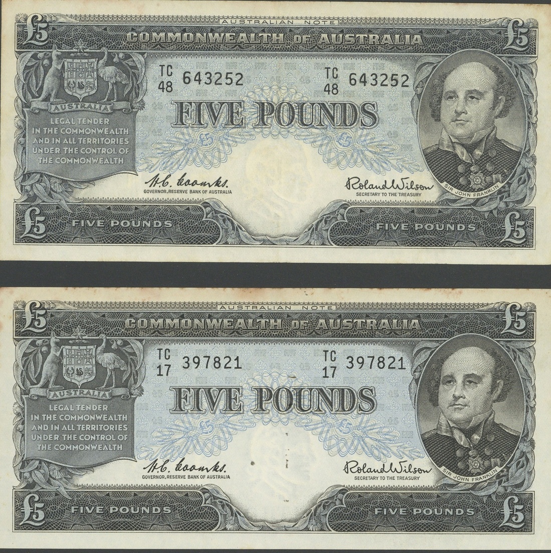 Commonwealth of Australia, £5 (2), 1960, serial number TC17 397821, TC48 643252, (Pick 35, Renn...