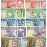 Central Bank of the Gambia, a selection of modern notes (Pick 12a, 12b, 13a, b, 14a, 15a, 16s-1...