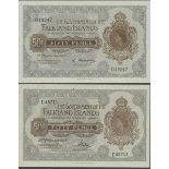 Falkland Islands Government issue, 50 pence (2), 1969, prefix D, (Pick 10a, 10b, TBB B215a, b),