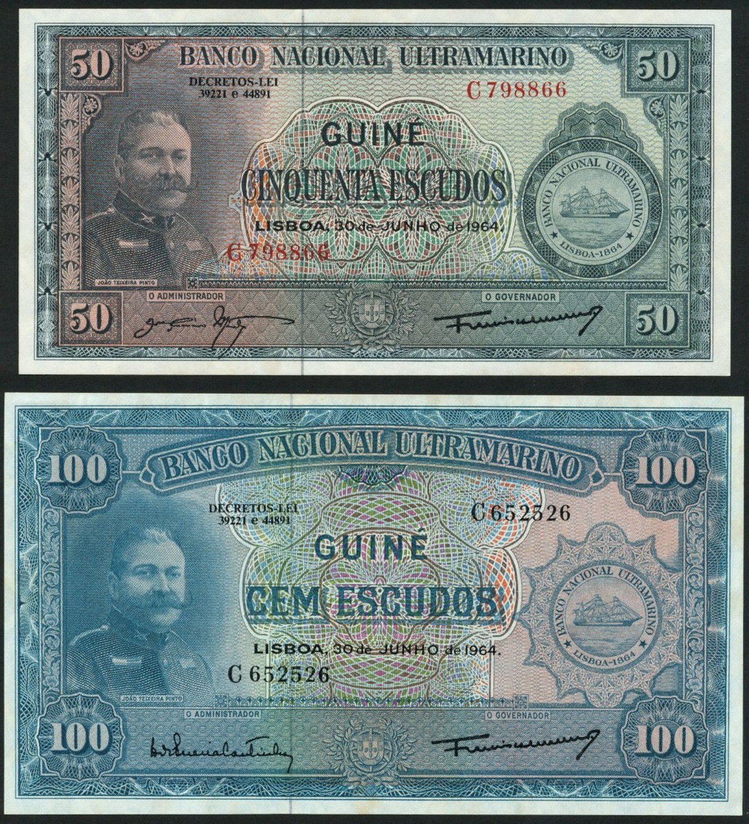 Banco Nacional Ultramarino, 50 Escudos, 100 Escudos, 30th June 1964, serial number C798866, C65...