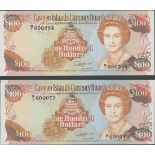 Cayman Islands Currency Board, $100 (2), 1991, serial number B/1 000073, 000294, (TBB B205 Pick...