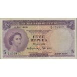 Central Bank of Ceylon, 5 rupees, 3 June 1952, serial number G/9 139817, (Pick 51, TBB 306a),