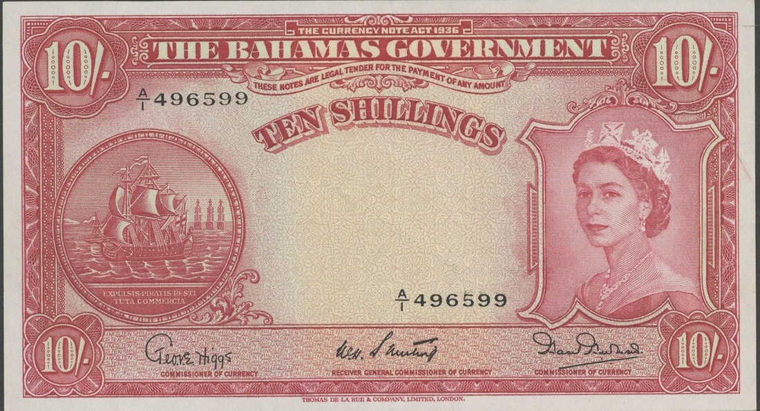 Bahamas Government issue, 10 shillings, ND (1954), serial number A/1 496599, (Pick 14, TBB B113...