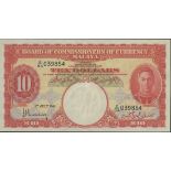 Board of Commissioners of Currency, Malaya, $10, 1 July 1941, serial number E/64 039854, (Pick...