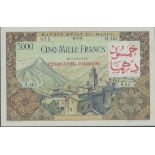 Banque d'Etat du Maroc, 50 dirhams red overprint on a 5000 francs, 1953 (1959), serial number H...