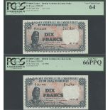 Banque Centrale du Congo Belge et du Ruanda Urundi, 10 francs (2), 1957/58, serial number A/K 2...