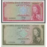 Central Bank of Malta, 10/-, £1, ND (1968), A/4 858692, A/7 879208, (Pick 28a, 29a)