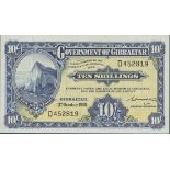 Government of Gibraltar, 10 shillings, 2.10.1958, serial number D452819, (Pick 17),