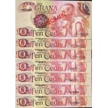 Bank of Ghana, 10 cedis (7), 1973-78, A/1 0000000, D/1 0284723, D/1 5518634, G/1 2486662, L/1 7...