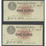 Government of India, 1 rupee (2), 1917, consecutive serial number Y/97 445770-1, (Pick 1e, Raza...