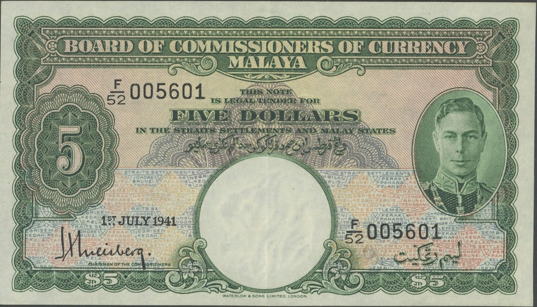 Board of Commissioners of Currency, Malaya, $5, 1 July 1941, serial number F/52 005601, (Pick 1...