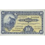 Government of Gibraltar, 10 shillings, 3 October 1958, D 452848, (Pick 14b, TBB B115c),