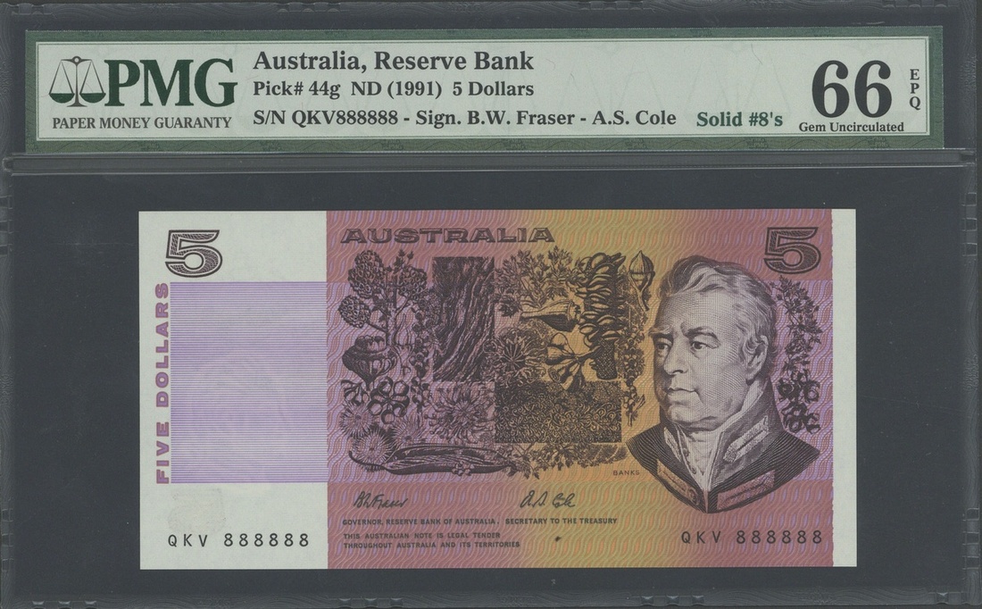 Australia Reserve Bank, $5, ND (1991), QKV 888888, (Pick 44g),