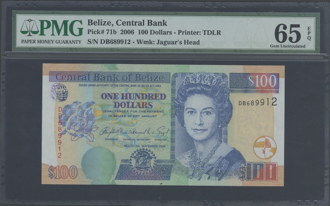 Central Bank of Belize, $100, 1st November 2006, serial number DB 689912, (Pick 71b, TBB B329),