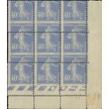 France Semeuse 1927-28 40c. ultramarine, block of nine (3x3) from the lower right corner of the...