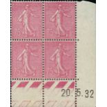 France Semeuse 1924-26 75c. bright magenta, type II, Coin date block of four, unmounted mint, h...