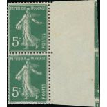 France Semeuse 1907 5c. green, type I, vertical pair with interpanneau margin and traces of thr...