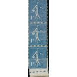 France Semeuse 1924-26 1f. blue, vertical strip of three from the foot of the sheet, displaying...