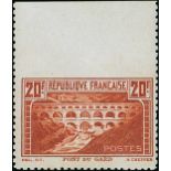 France 1929 Tourist Issue "Pont du Gard" 20f. perforation 11, imperforate at top, marginal exam...