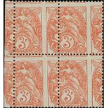 France 1900-24 Type Blanc 3c. orange-red, type IB, block of four with considerable perf. shift