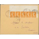 France Semeuse 1920-22 5c. orange, imperforate horizontal strip of five from the top of the she...