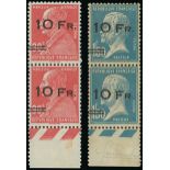 France 1928 "Ile de France" Issue 10fr. on 90c. red and 10fr. on 1fr.50c. blue, vertical pairs...