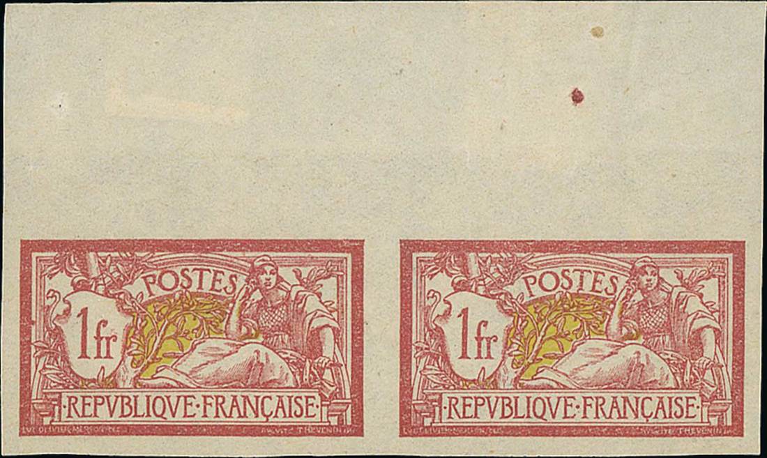 France 1900-27 "Merson" Issues 1900 Issue 1fr. imperforate, marginal pair from the top of sheet...