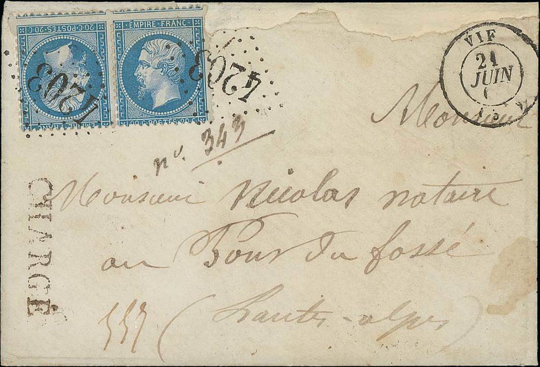 France 1862 Perforated "Empire" Issue 20c. blue, "face to face" tête-bêche pair,