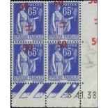 France 1940-41 Surcharges 50c. on 65c. ultramarine, block of four from the lower right corner o...